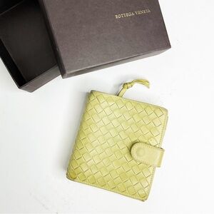 Bottega Veneta Cream Mushroom/Yellow Hue Woven Leather French Flap Wallet